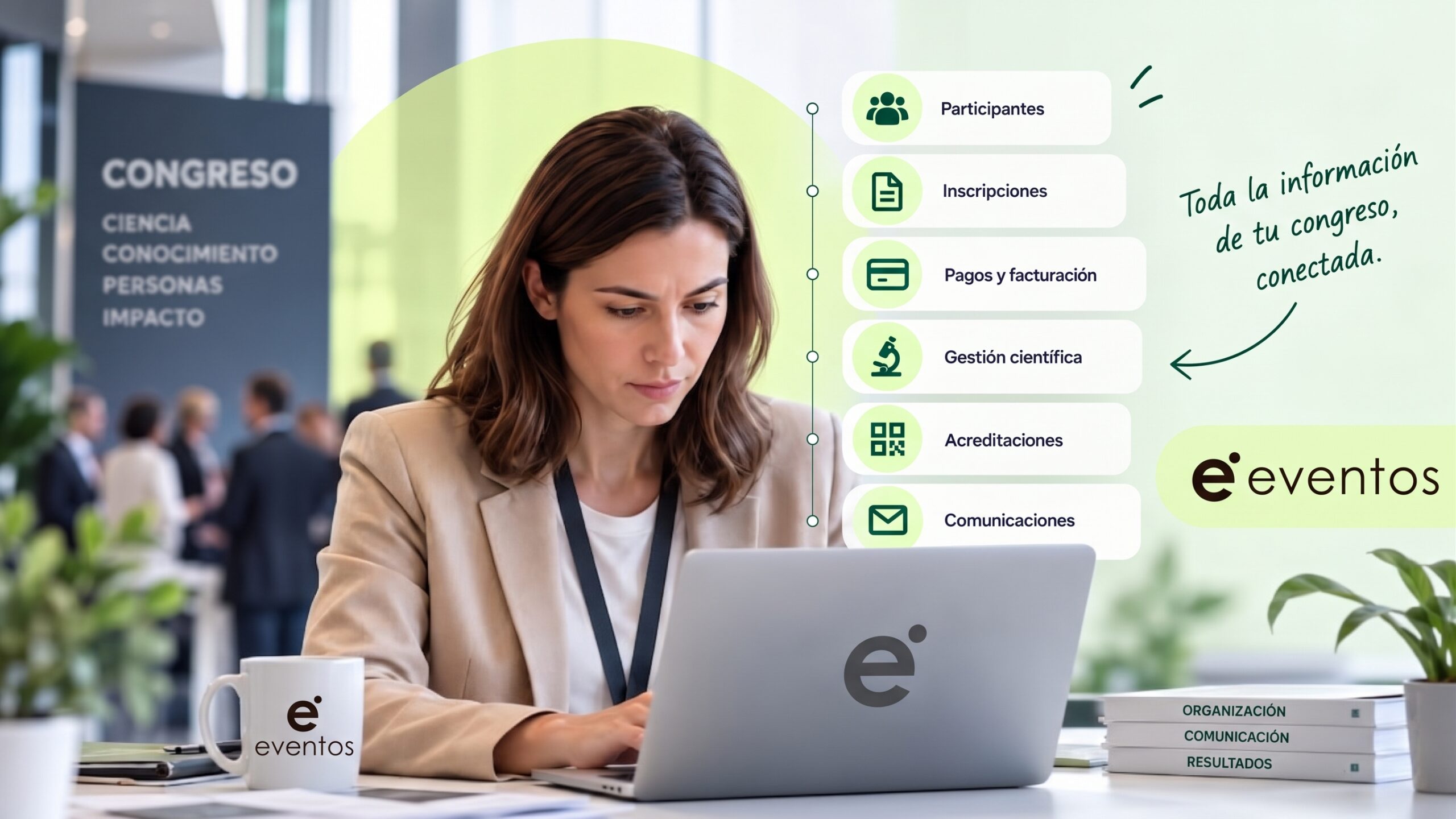 Infografía detallada que ilustra el ecosistema de gestión de datos de una Secretaría Técnica para congresos. Muestra a una profesional trabajando con su ordenador portátil, conectando todas las áreas clave del evento.